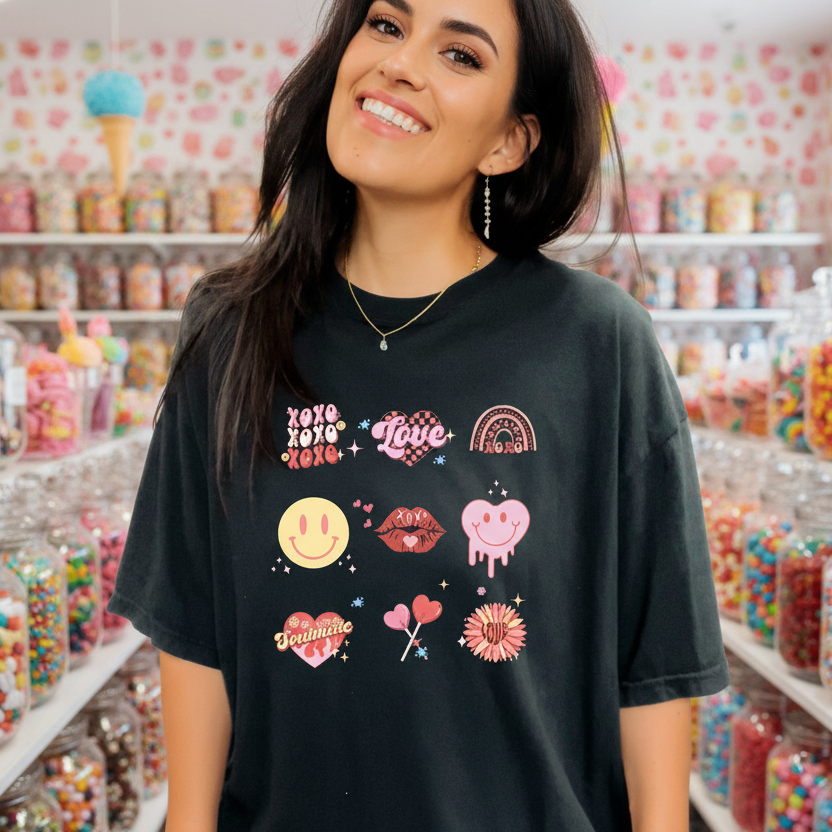 A woman wearing a black t-shirt with colorful love-themed graphics including hearts and lips.