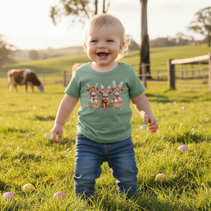 Three clothing items: a beige t-shirt, a green t-shirt, and a black onesie with cartoon character design.