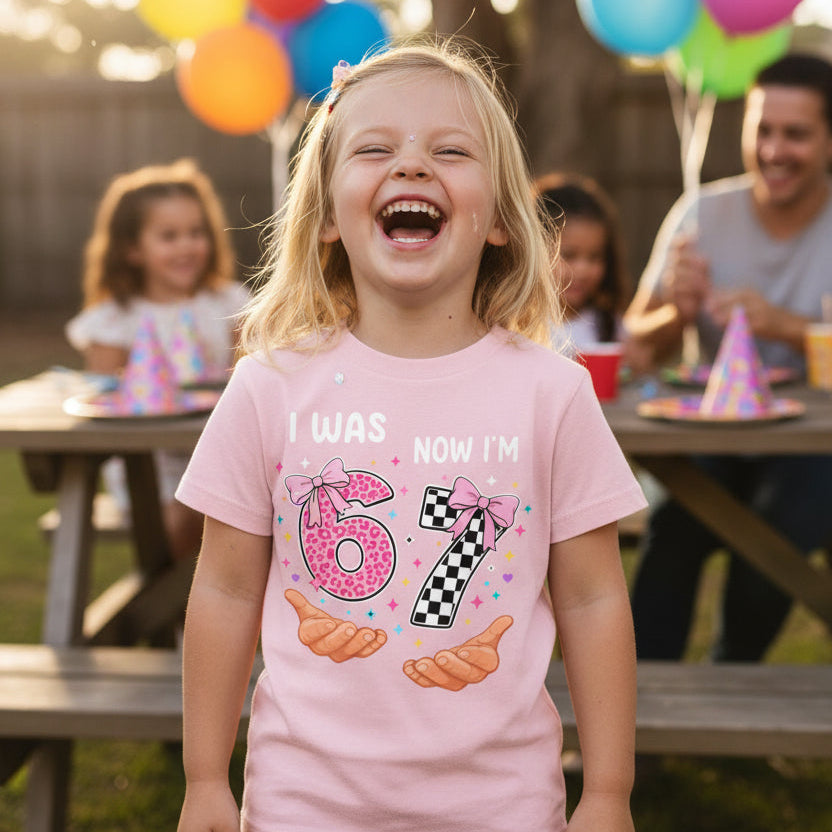 7th Birthday Shirt Girl Australia | I Was 6 Now I’m 7 | Pink Birthday Outfit Kids Tee | Age 7 Birthday Shirt