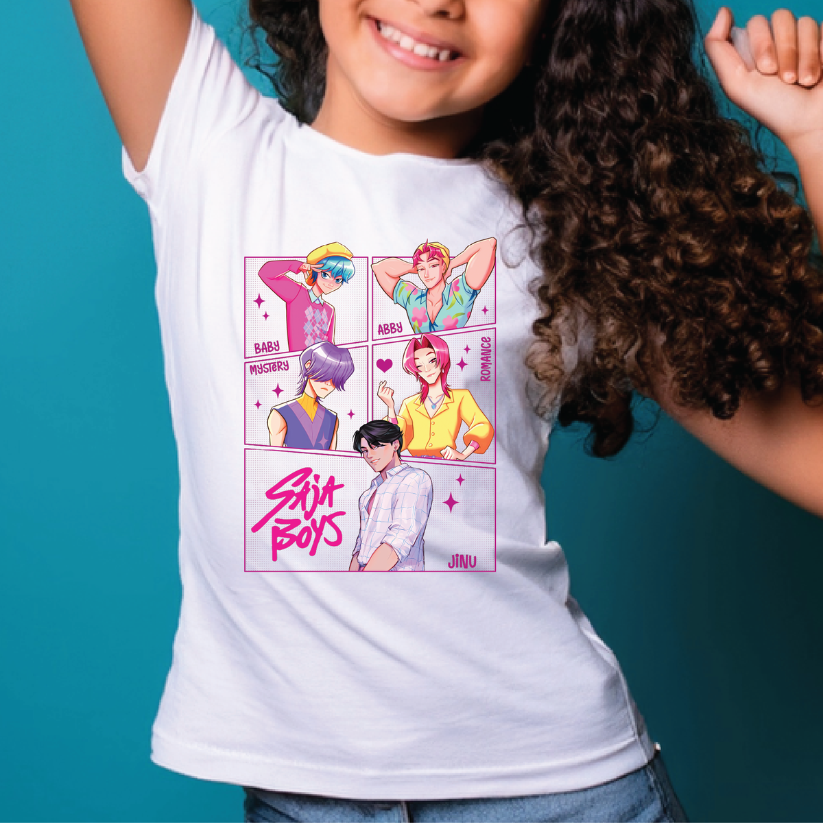 Child wearing a white t-shirt with colorful character designs and 'Six Boys' text on a teal background. Design is of Saja Boys, K-pop demon hunters.