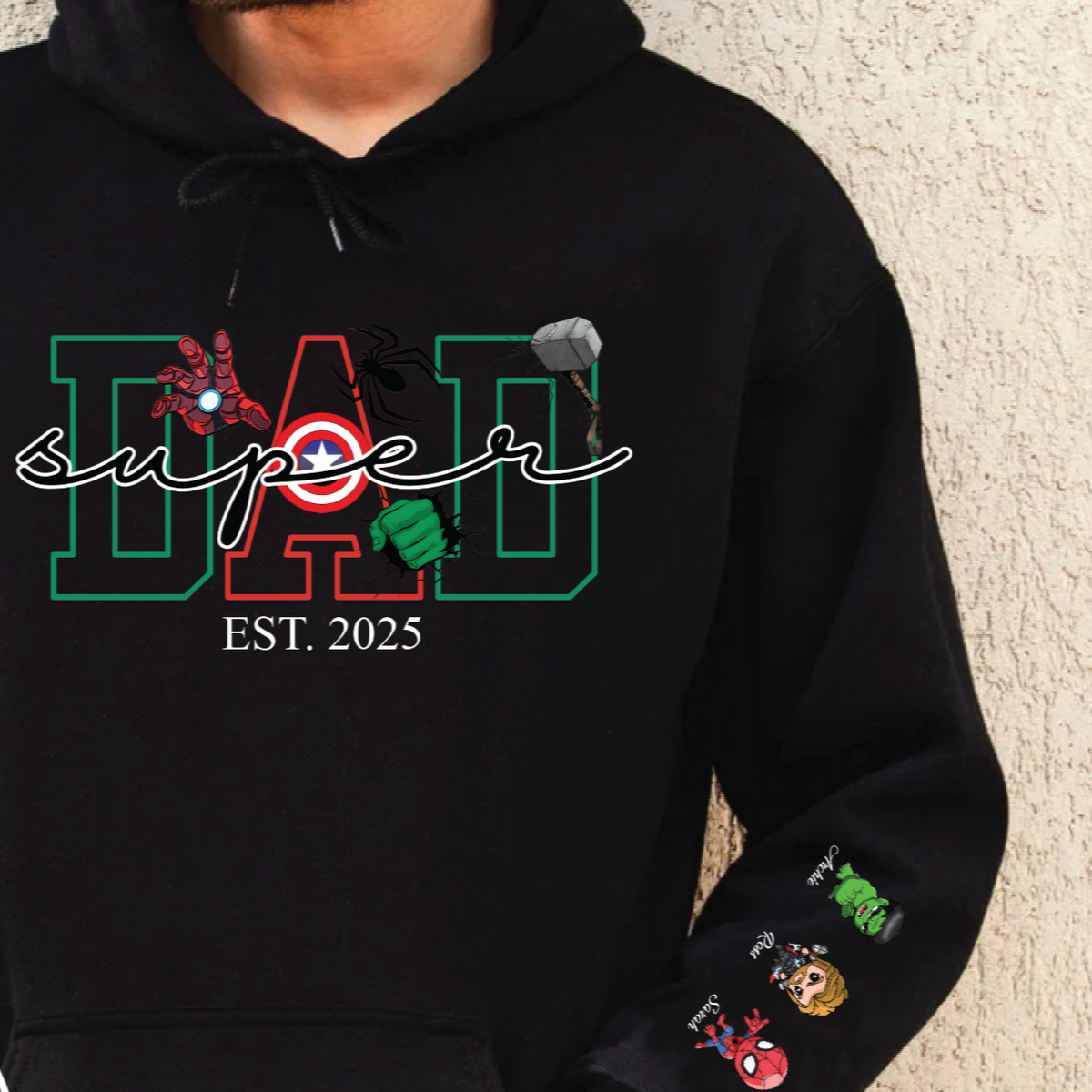 Super Dad with Superhero Characters and Names on Sleeve
