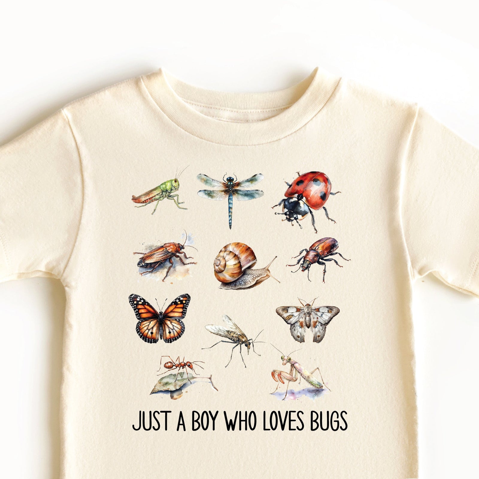 A beige t-shirt with various colorful insect illustrations and the text 'JUST A BOY WHO LOVES BUGS' on the front.
