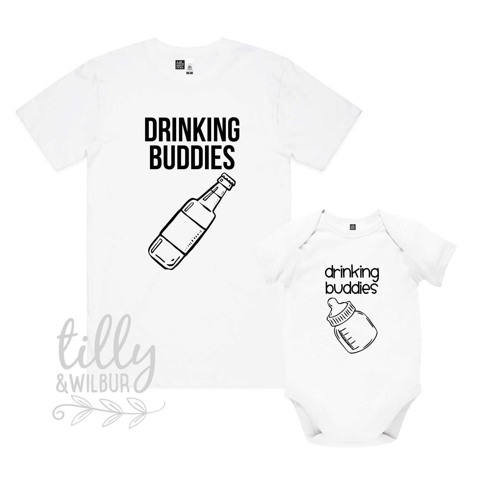 A white t-shirt and a matching baby bodysuit with the text 'DRINKING BUDDIES' and an illustration of a beer bottle on the front.