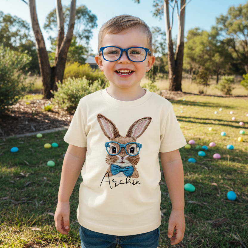 Personalised Easter Bunny Shirt | Faux Embroidered Bunny Kids Tee | Custom Name Easter Shirt | Cute Easter Bunny Shirt