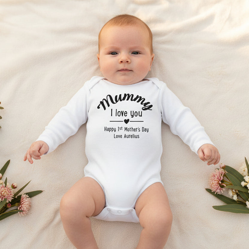 Personalised first Mother’s Day baby bodysuit with custom name message, long sleeve grey newborn outfit Australia