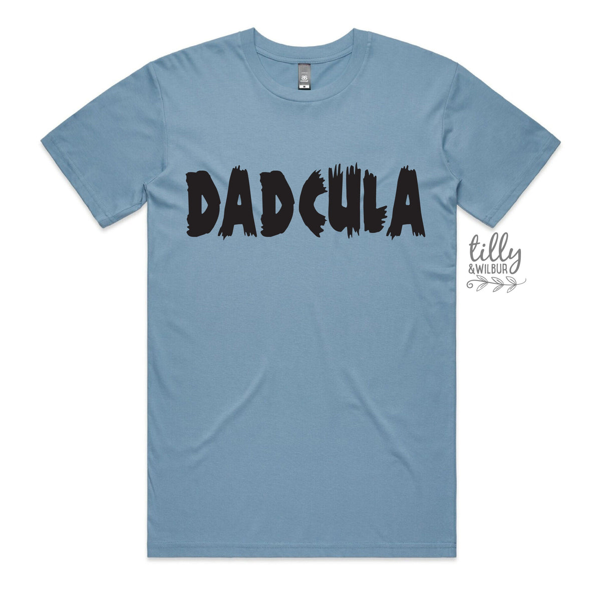Blue t-shirt with 'DADCULA' text on a white background