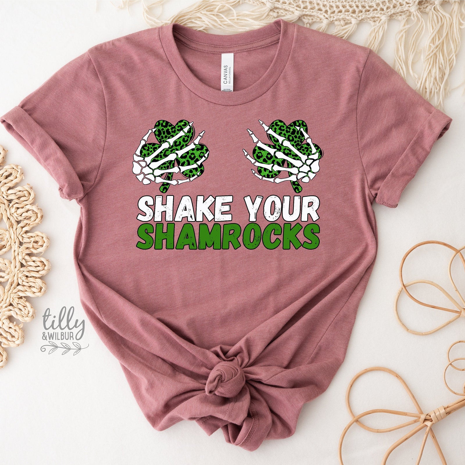 Rose t-shirt with shamrock design and text 'Shake Your Shamrocks' on a light background