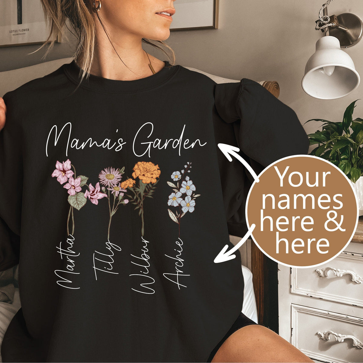 Personalised Garden Sweatshirt With Names, Mama Sweatshirt With Flowers, Mother's Day Gift, Personalised Mum Gift, Mum Life Jumper, Mumma