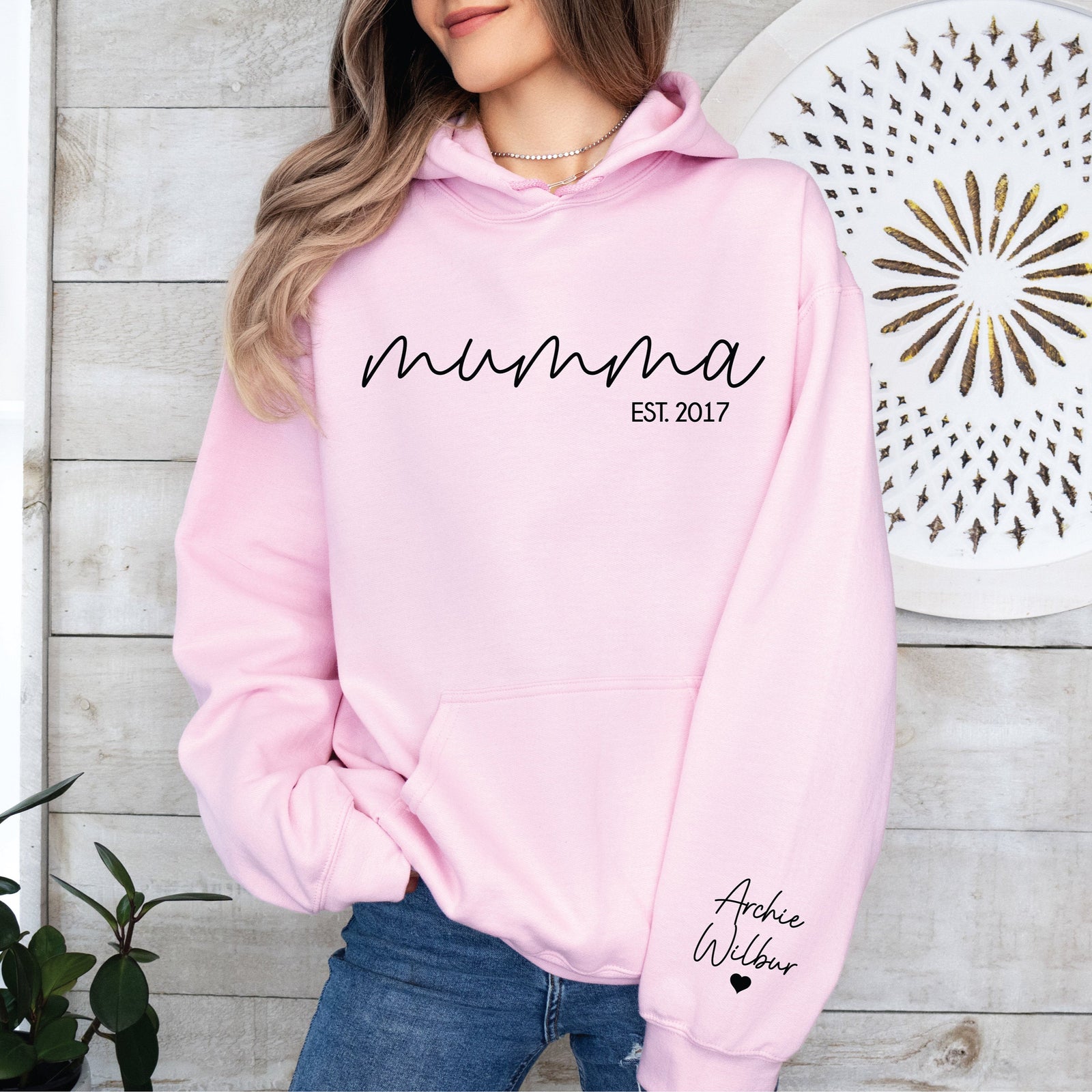 Personalised mumma hoodie with est year on front and children’s names on sleeve, black hoodie shown, custom mother gift Australia
