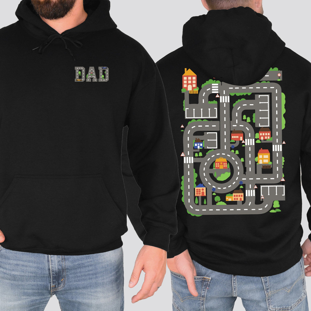 Dad's Car Track Hoodie, Front And Back Print, Cars On Daddy's Back, Funny Father's Day Gift, Racing Dad, Mechanic Dad, Back Massage Jumper