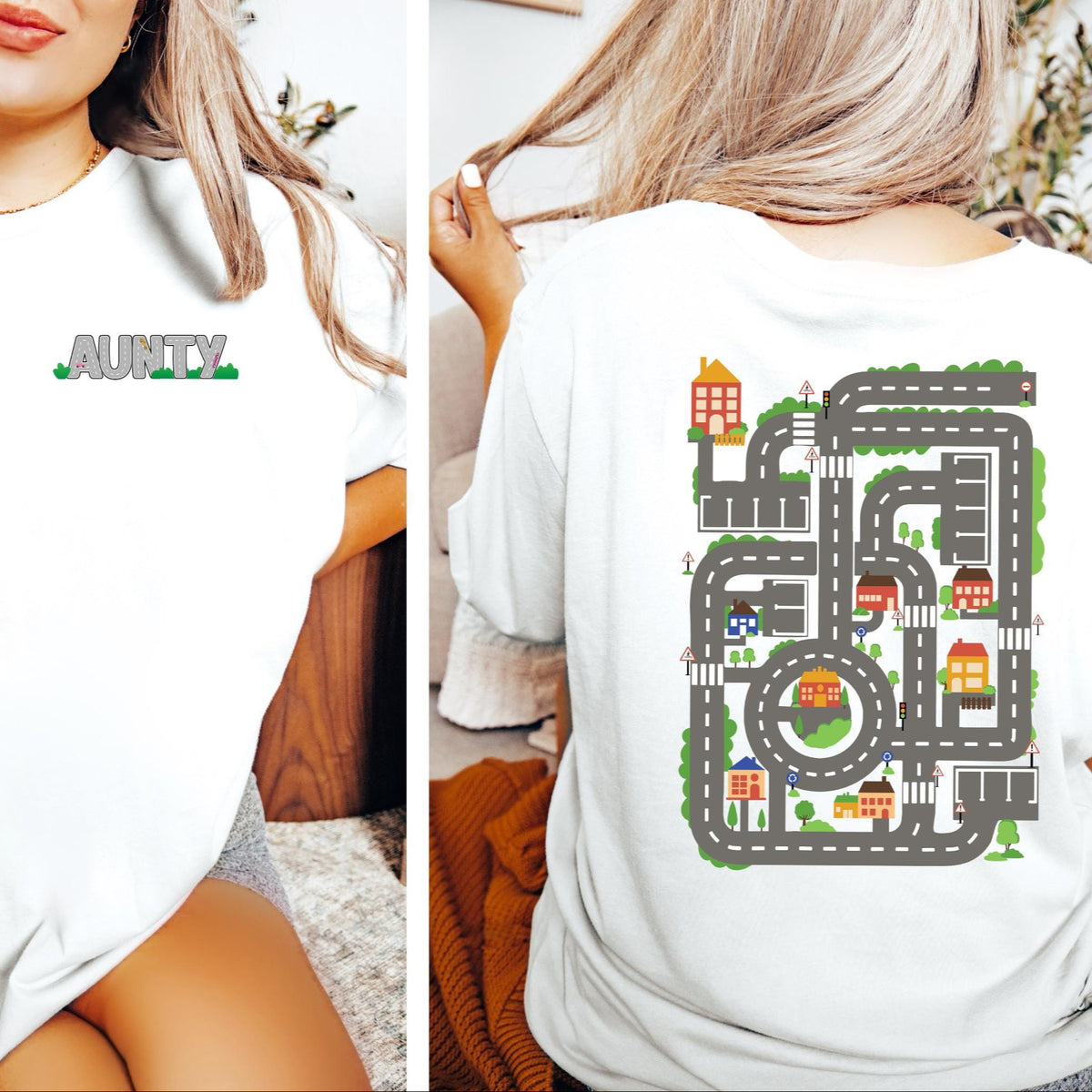 Aunty Car Track T-Shirt, Front And Back Print, Cars On Aunty Back, Funny Father's Day Gift, Car Aunty, Fun Aunty, Back Massage T-Shirt