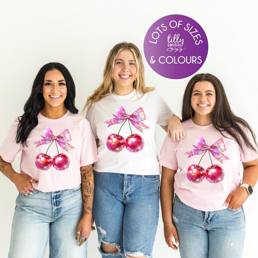 Pink Cherry T-Shirt – Pink Bow Shirt | Fashion Women's T-Shirt | Fruit Shirt | Bow Coquette | Cherries Tee