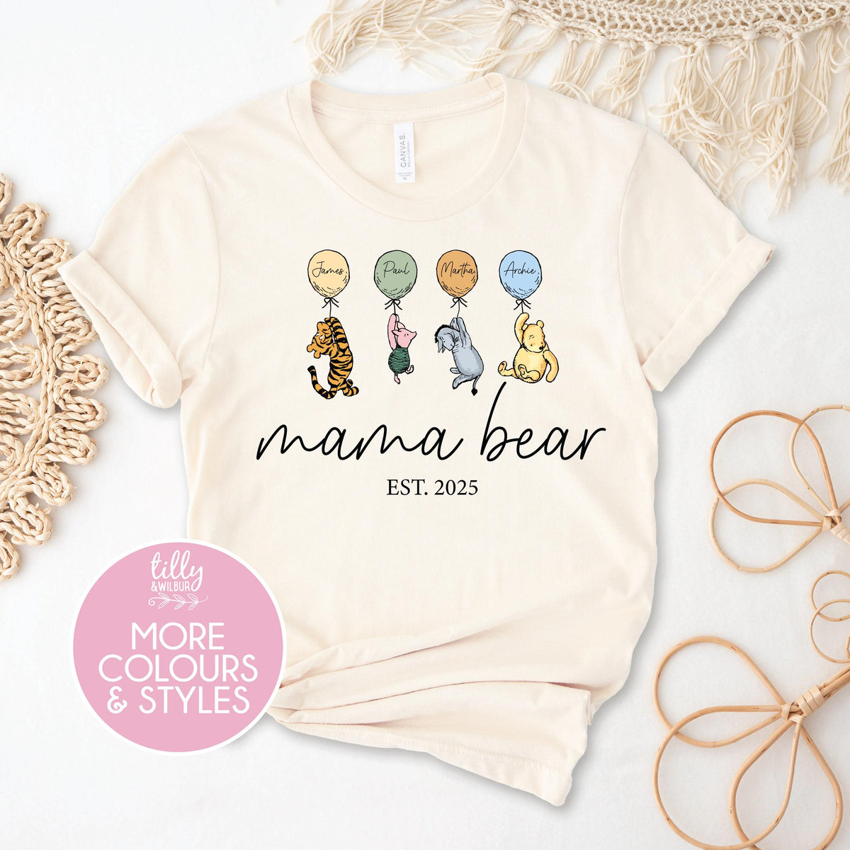 Mama Bear T-shirt With Est Year And Character with Name/s On Sleeve, Classic Winnie the Pooh Mother's Day Gift, Personalised Mum Gift