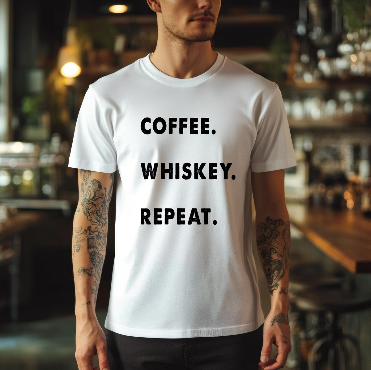 Coffee. Whiskey. Repeat. T-Shirt – Funny Adult Tee, Whiskey Lover Gift, Coffee Addict Shirt, Casual Unisex Top, Multiple Sizes & Colours