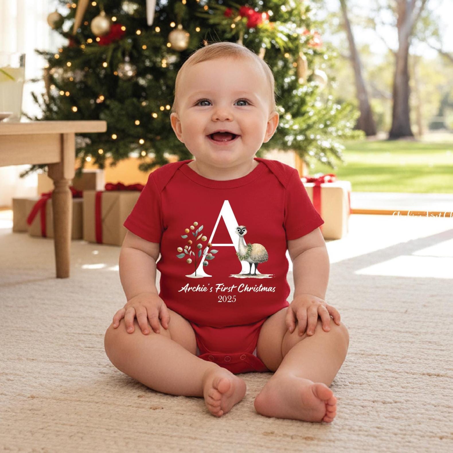 Personalised First Christmas Baby Bodysuit | Koala, Kookaburra, Emu, Wombat Design | Australian Animals 1st Christmas Bodysuit