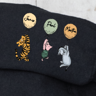 Classic Winnie the Pooh Mother's Day Gift, Black Hoodie With Est Year and Character with Name/s on Sleeve