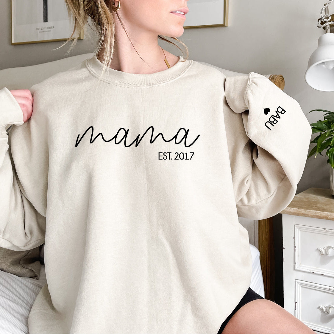Personalised mama sweatshirt with custom est year and sleeve name detail black jumper Australia