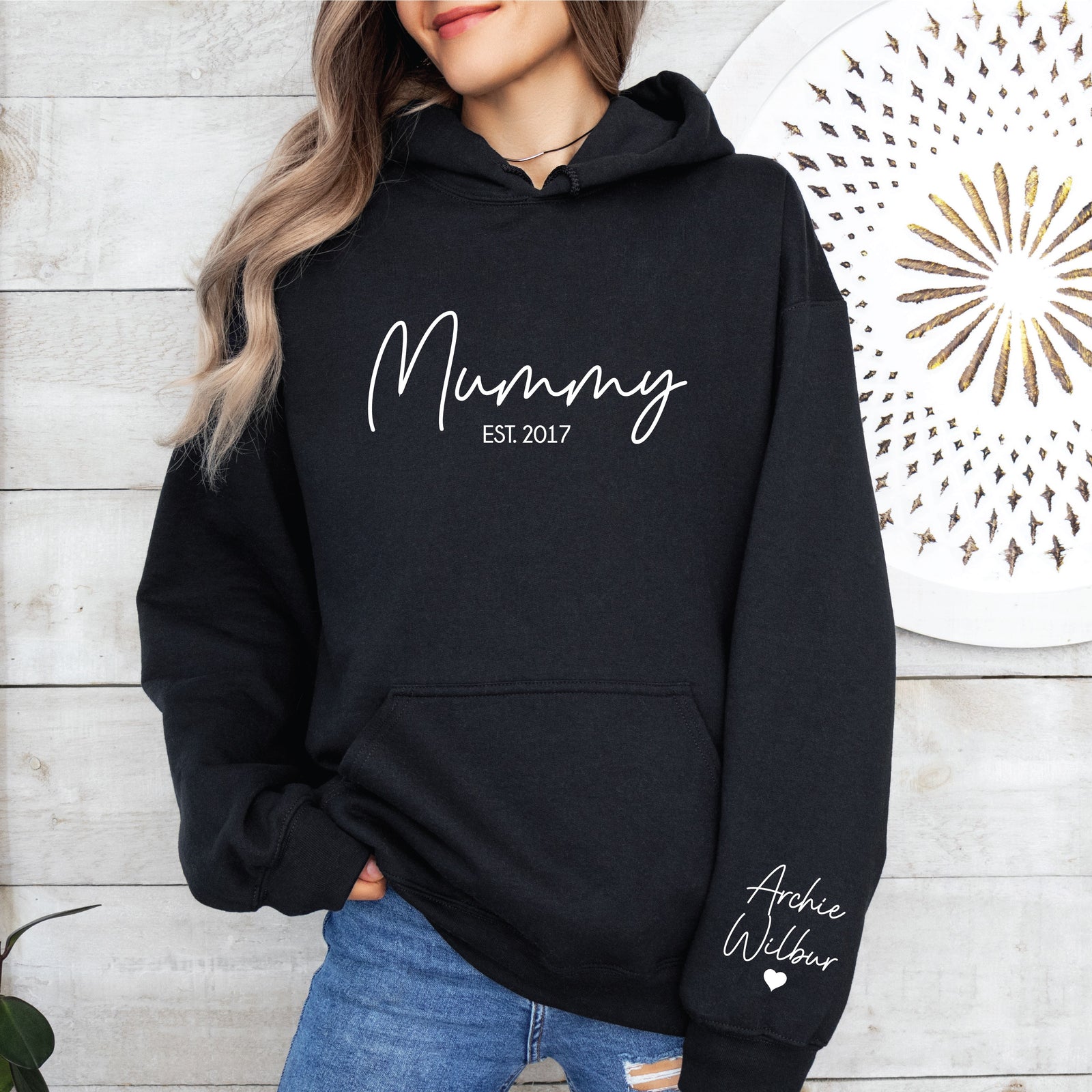 Personalised mummy hoodie with custom est year and sleeve names pink pullover Australia