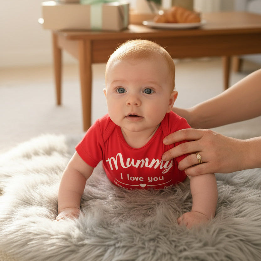 Personalised baby bodysuit with I love you Happy 1st Mother’s Day message, custom newborn outfit Australia