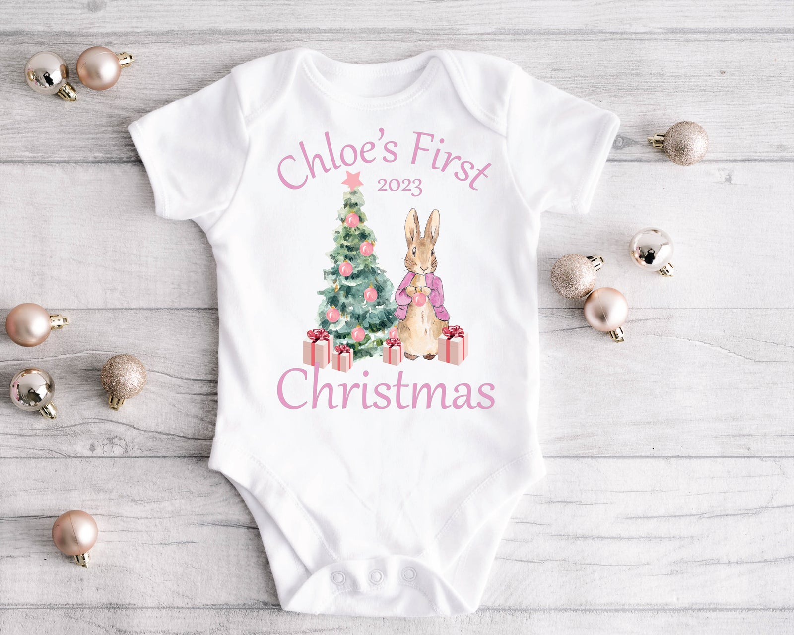 Personalised Peter Rabbit (Flopsy) First Christmas Bodysuit