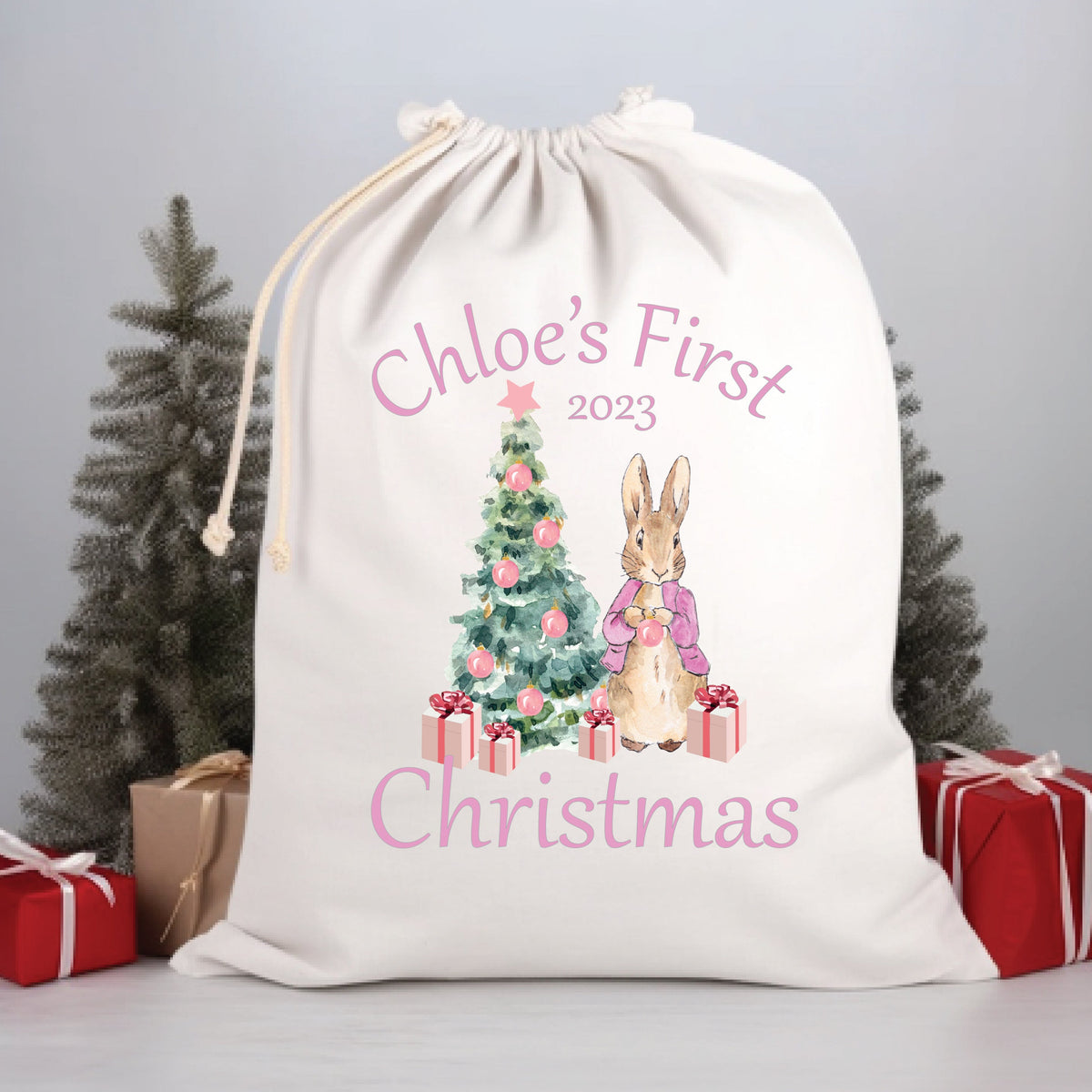 Personalised Name & Year 1st Christmas Peter Rabbit (Flopsy) Santa Sack