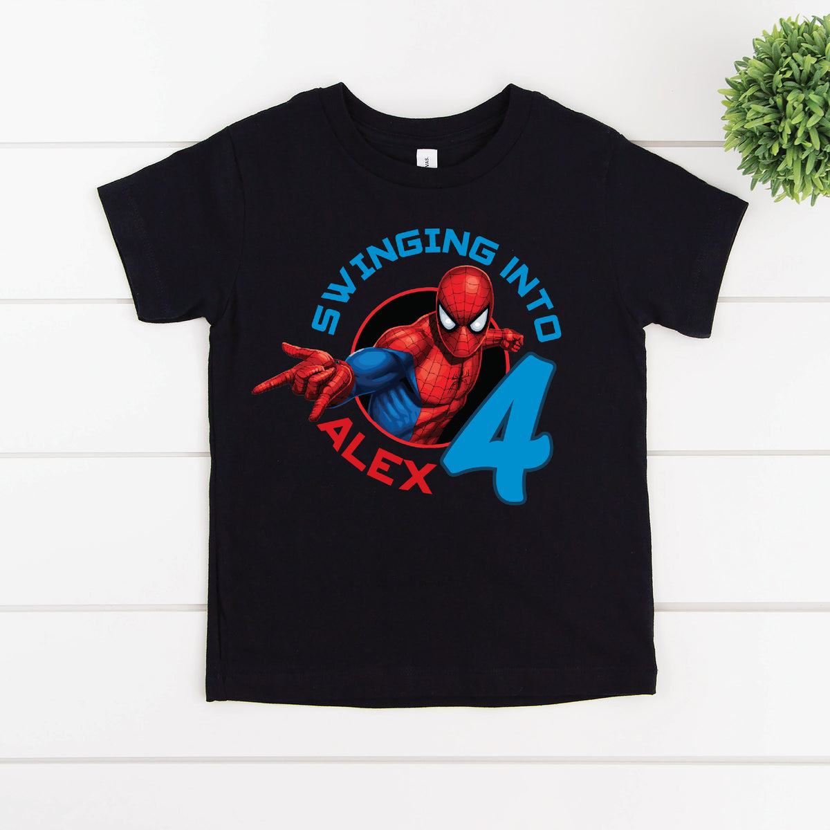 Spiderman Swinging Into With Custom Name & Age (MORE COLOURS & STYLES)
