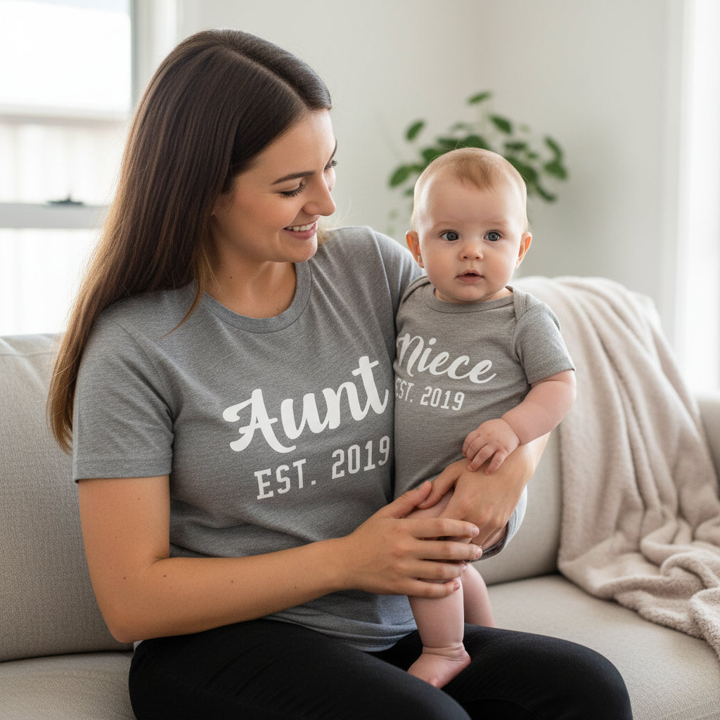 A set of gray t-shirts, one labeled 'Aunt Est. 2019' and the other matching bodysuit for a baby, both with white text.