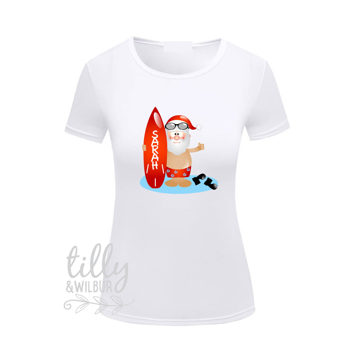 Surfing Santa Personalised Christmas Women's T-Shirt, Aussie Xmas Gift, Australian Summer, Beach Santa With Surf Board, Christmas Overseas