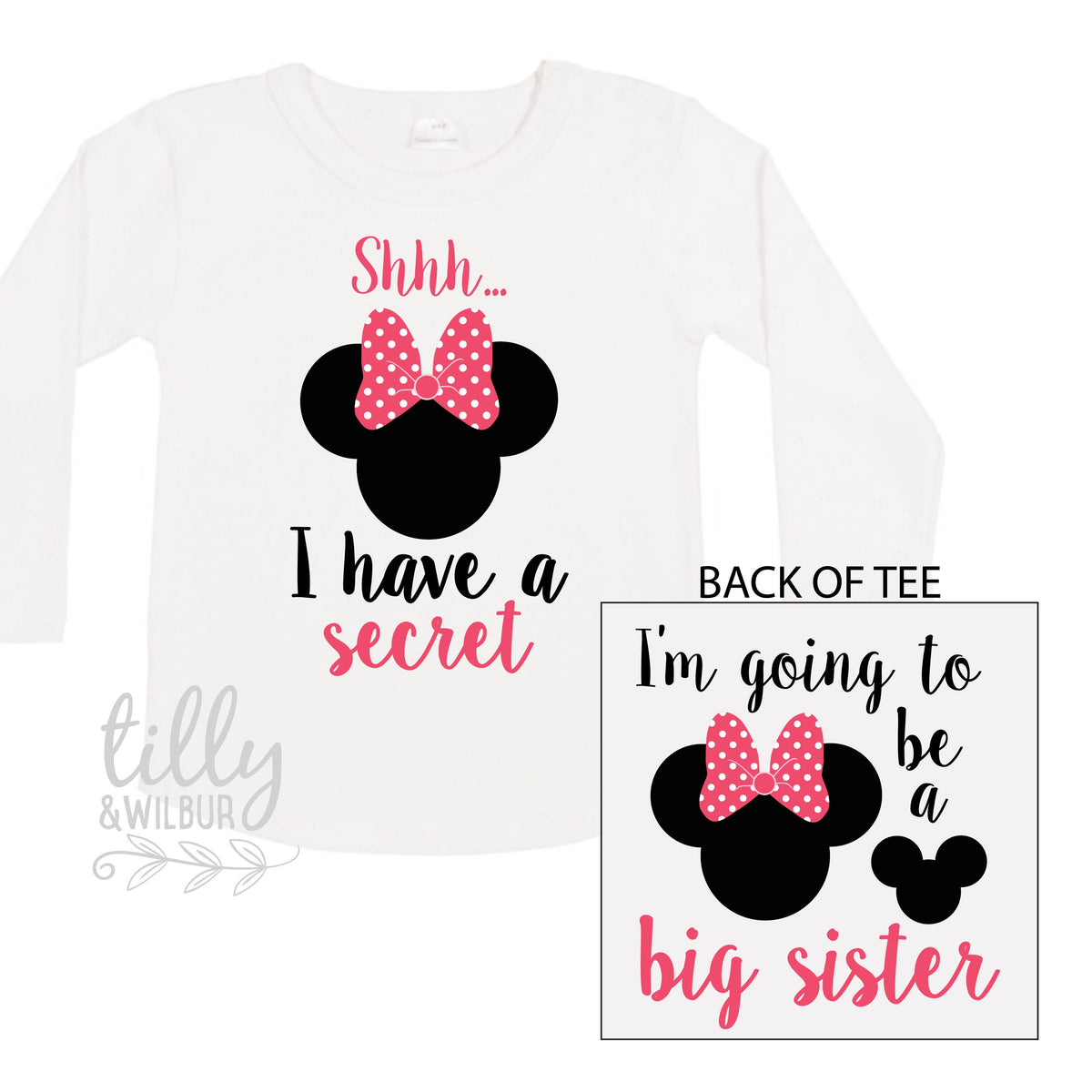 Shhh I Have A Secret I'm Going To Be A Big Sister Long Sleeve Tee for Girls, Minnie Mouse, Big Sister Shirt, Pregnancy Announcement T-Shirt