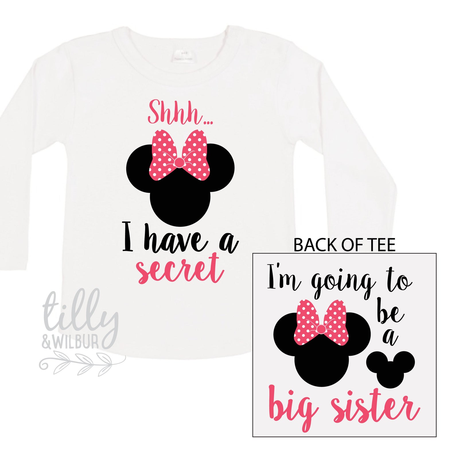 Shhh I Have A Secret I'm Going To Be A Big Sister Long Sleeve Tee for Girls, Minnie Mouse, Big Sister Shirt, Pregnancy Announcement T-Shirt