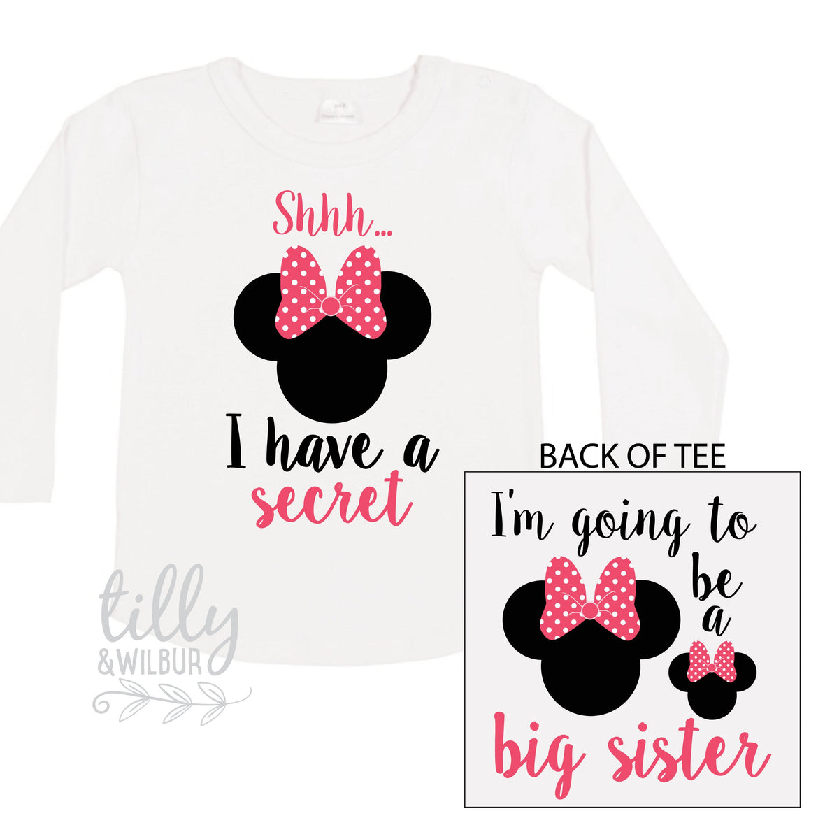 Shhh I Have A Secret I'm Going To Be A Big Sister Long Sleeve Tee for Girls, Minnie Mouse, Big Sister Shirt, Pregnancy Announcement T-Shirt