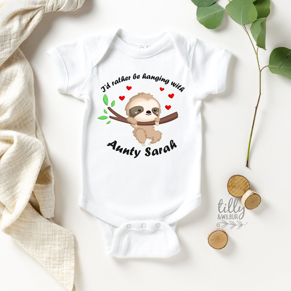 I'd Rather Be Hanging With Aunty Personalised Sloth Baby Bodysuit, New Baby Gift, Newborn Baby Gift, Baby Shower Gift, Niece Or Nephew Gift