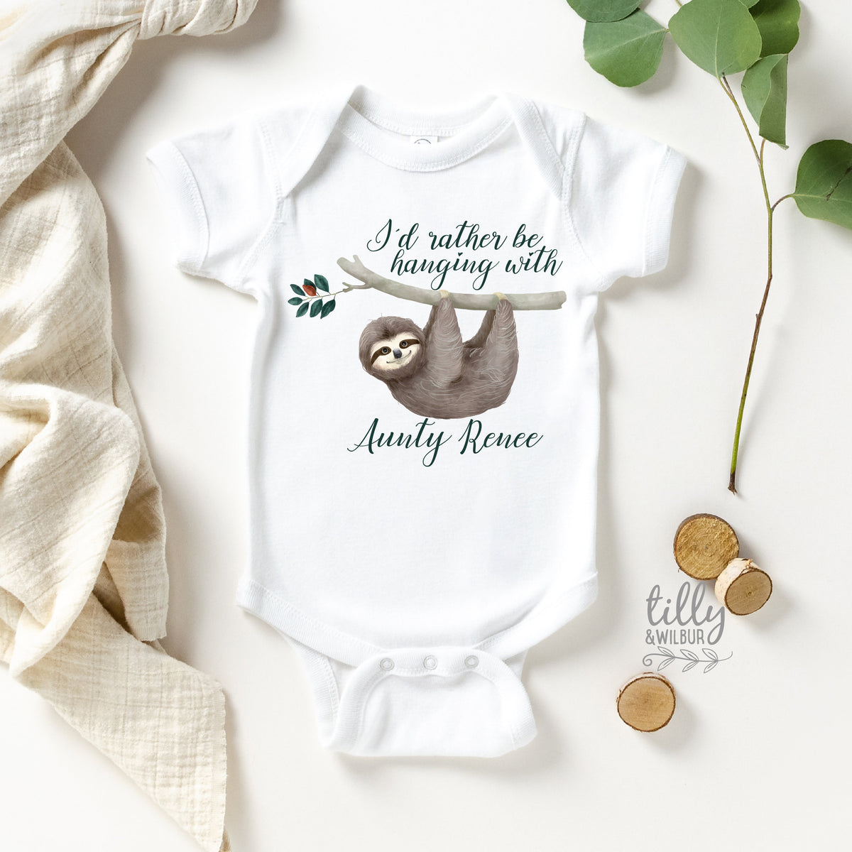 I'd Rather Be Hanging With Aunty Personalised Sloth Baby Bodysuit, New Baby Gift, Newborn Baby Gift, Baby Shower Gift, Niece Or Nephew Gift