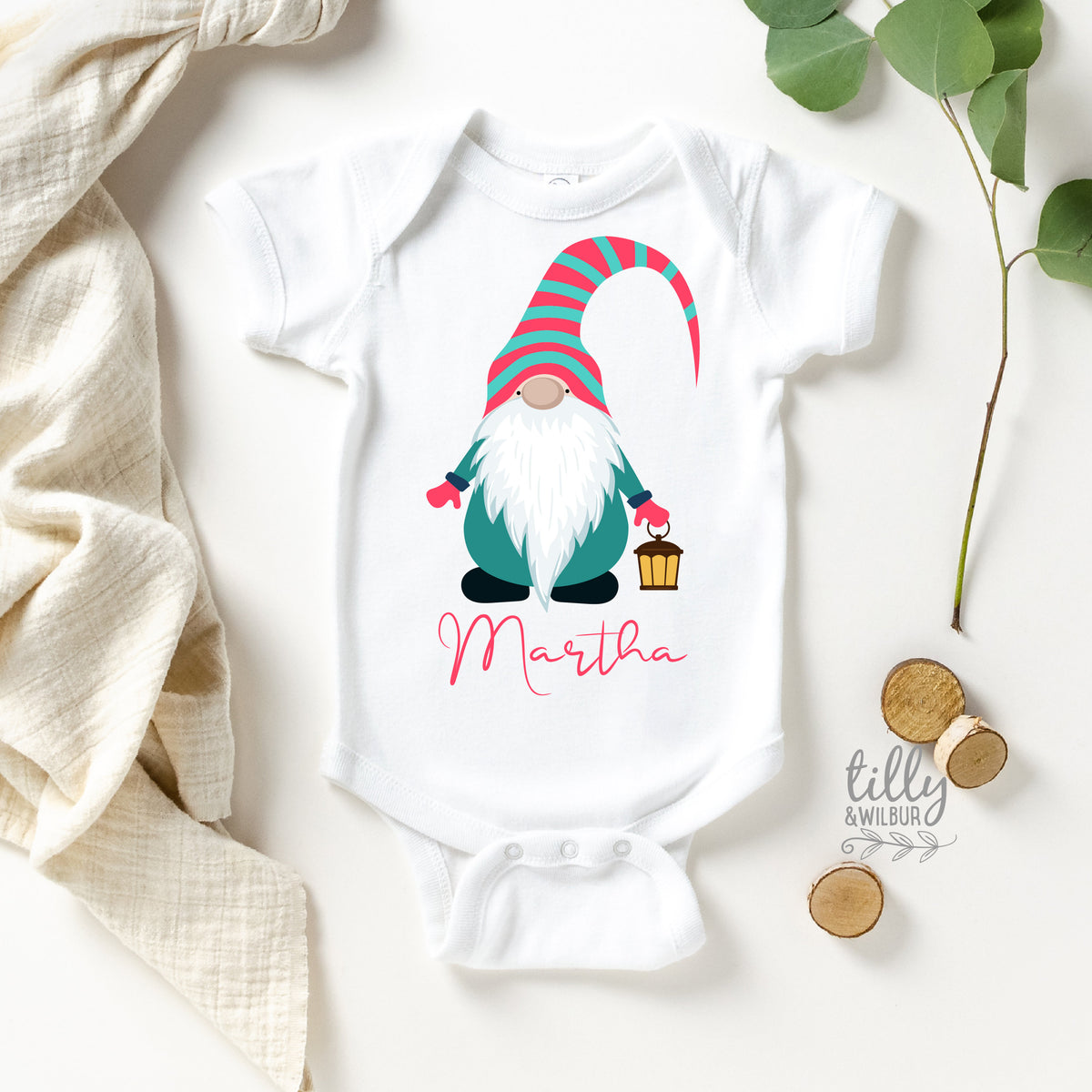 Scandinavian Christmas Gnome Personalised Baby Bodysuit, Baby Girl Xmas, Girl's Christmas Gift, Personalised Christmas Gift, Christmas Gnome
