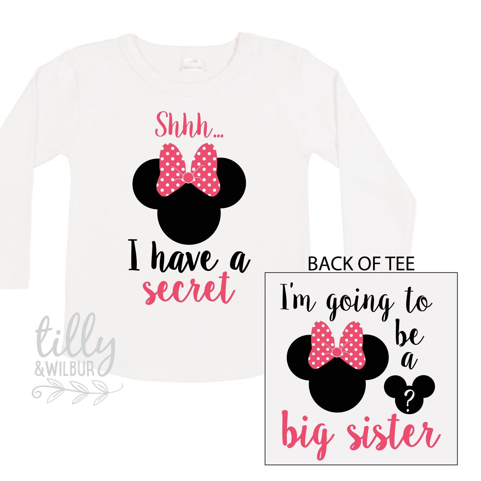 Shhh I Have A Secret I'm Going To Be A Big Sister Long Sleeve Tee for Girls, Minnie Mouse, Big Sister Shirt, Pregnancy Announcement T-Shirt