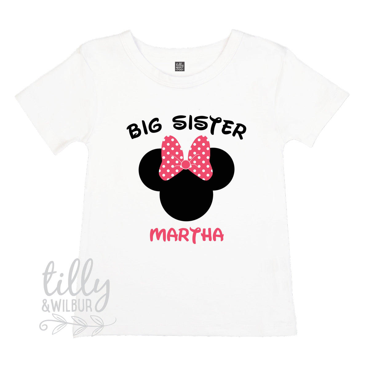 Big Sister T-Shirt for Girls With Minnie Mouse Design And Child's Name, Personalised Big Sister Shirt, Pregnancy Announcement T-Shirt Gift