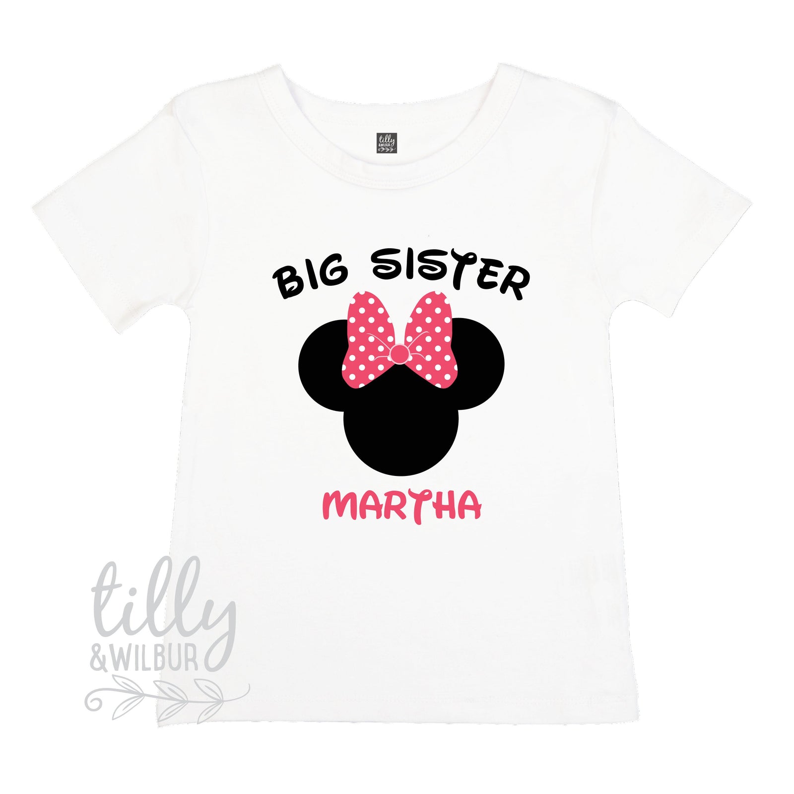 Big Sister T-Shirt for Girls With Minnie Mouse Design And Child's Name, Personalised Big Sister Shirt, Pregnancy Announcement T-Shirt Gift