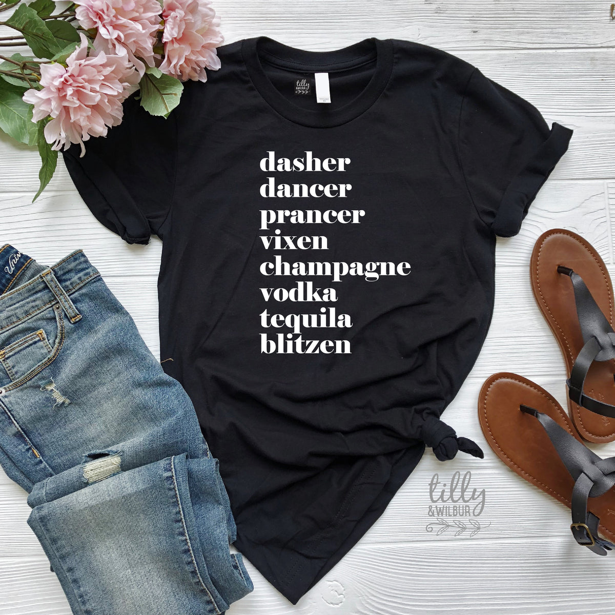 Funny Women's Christmas Gift, Drinking Christmas T-Shirt, Dasher, Dancer, Prancer, Vixen, Champagne, Vodka, Tequila, Blitzen T-Shirt, Funny