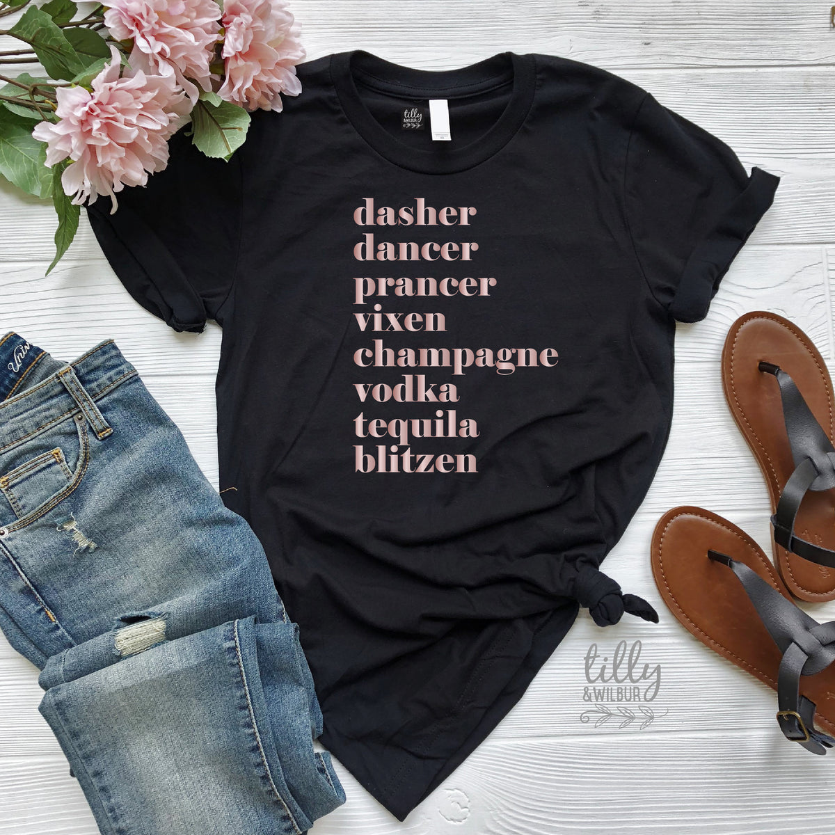 Funny Women's Christmas Gift, Drinking Christmas T-Shirt, Dasher, Dancer, Prancer, Vixen, Champagne, Vodka, Tequila, Blitzen T-Shirt, Funny