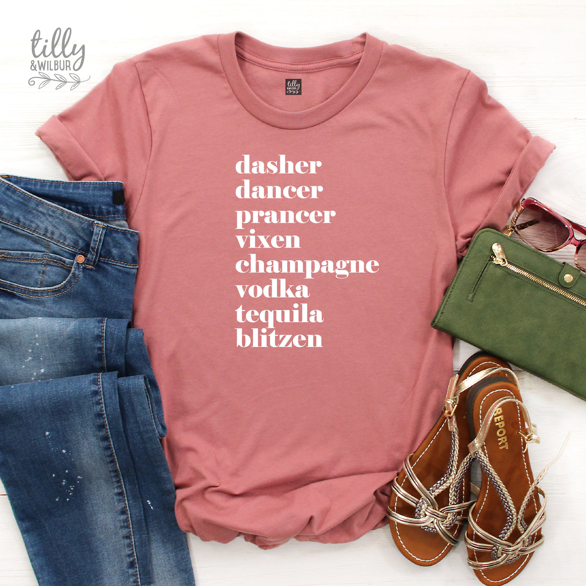 Funny Women's Christmas Gift, Drinking Christmas T-Shirt, Dasher, Dancer, Prancer, Vixen, Champagne, Vodka, Tequila, Blitzen T-Shirt, Funny