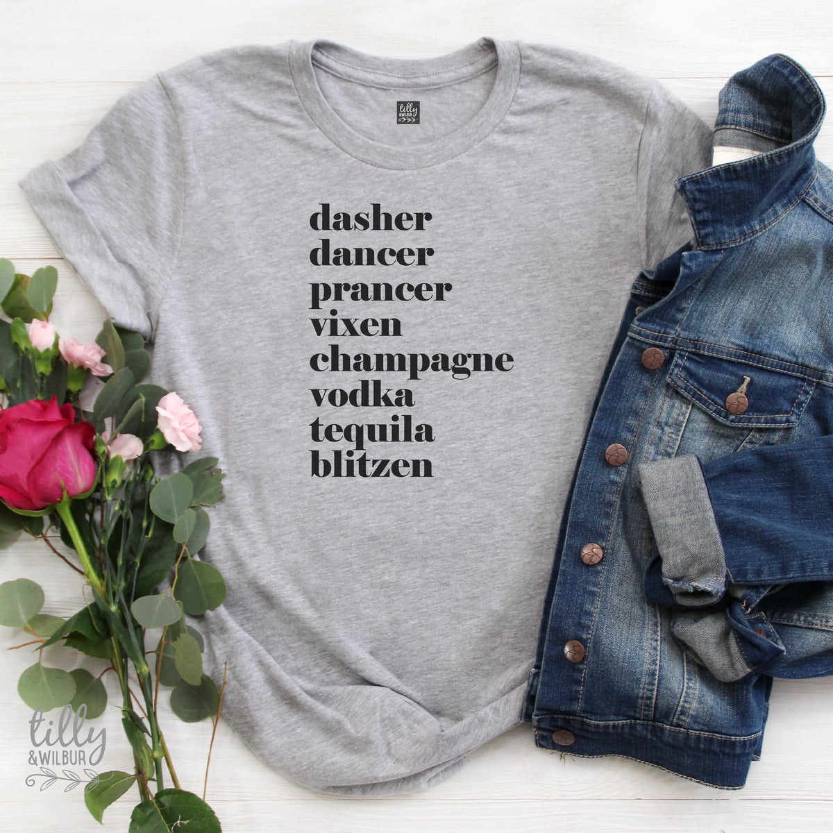 Funny Women's Christmas Gift, Drinking Christmas T-Shirt, Dasher, Dancer, Prancer, Vixen, Champagne, Vodka, Tequila, Blitzen T-Shirt, Funny