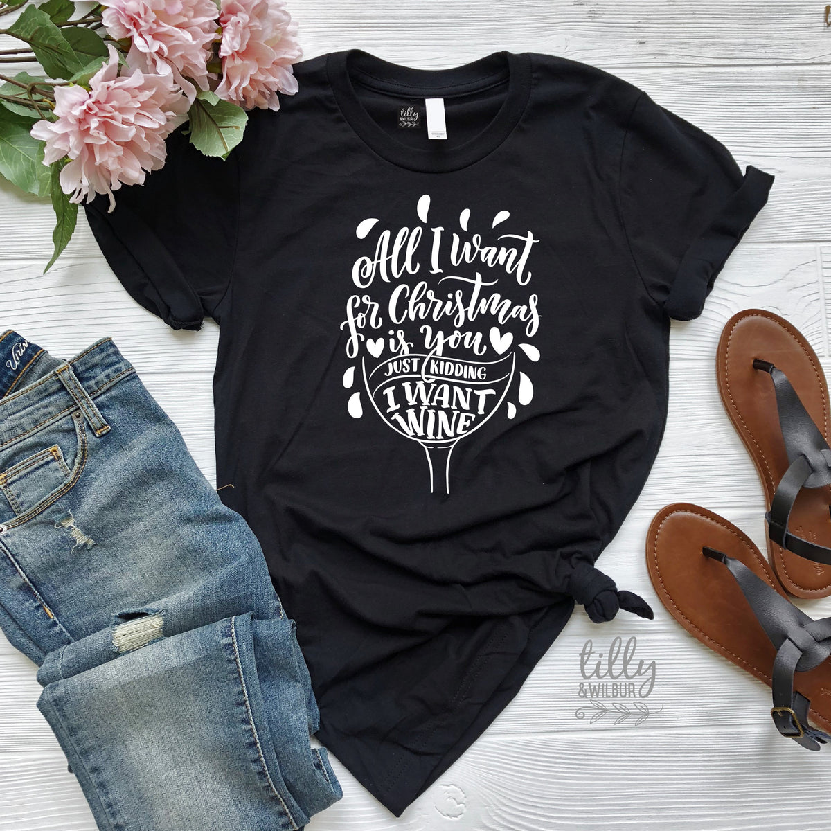 Funny Women's Christmas Gift, Drinking Christmas T-Shirt, All I Want For Christmas Is You Just Kidding I Want Wine T-Shirt, Funny T-Shirt