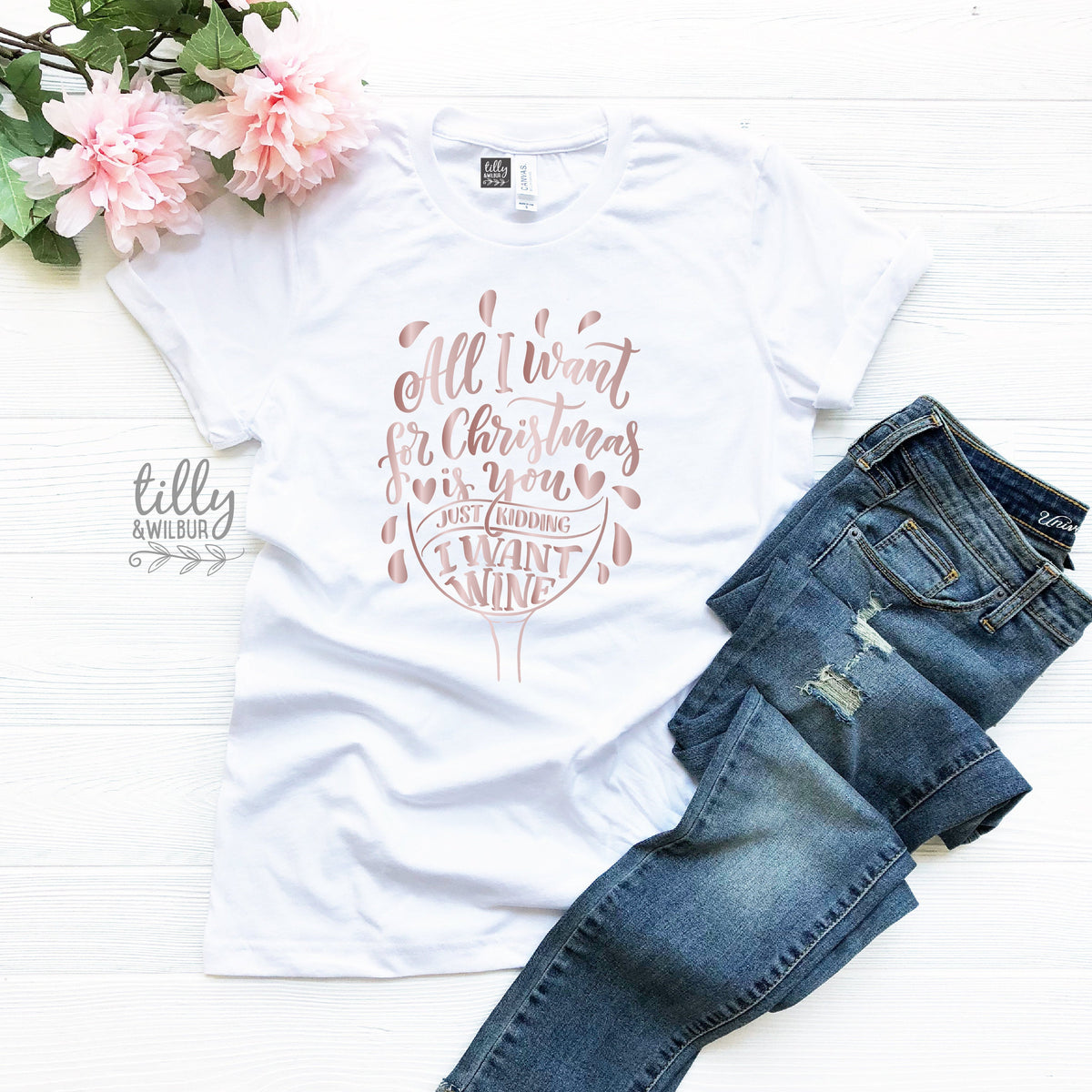 Funny Women's Christmas Gift, Drinking Christmas T-Shirt, All I Want For Christmas Is You Just Kidding I Want Wine T-Shirt, Funny T-Shirt