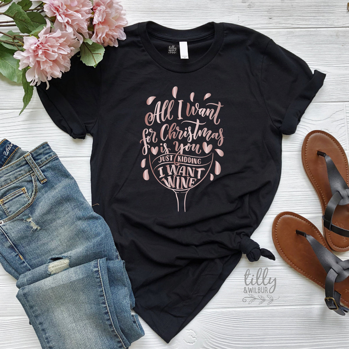 Funny Women's Christmas Gift, Drinking Christmas T-Shirt, All I Want For Christmas Is You Just Kidding I Want Wine T-Shirt, Funny T-Shirt
