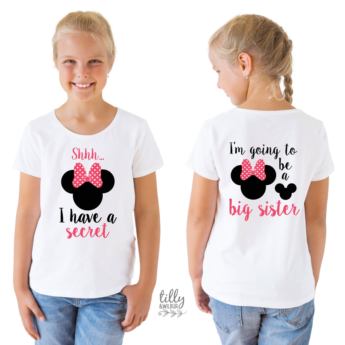 Shhh I Have A Secret I'm Going To Be A Big Sister T-Shirt for Girls, Minnie Mouse Design, Big Sister Shirt, Pregnancy Announcement, Big Sis