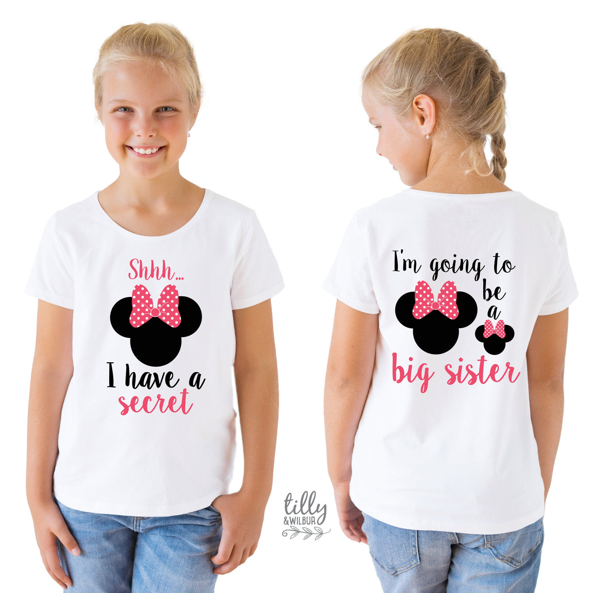 Shhh I Have A Secret I'm Going To Be A Big Sister T-Shirt for Girls, Minnie Mouse Design, Big Sister Shirt, Pregnancy Announcement, Big Sis