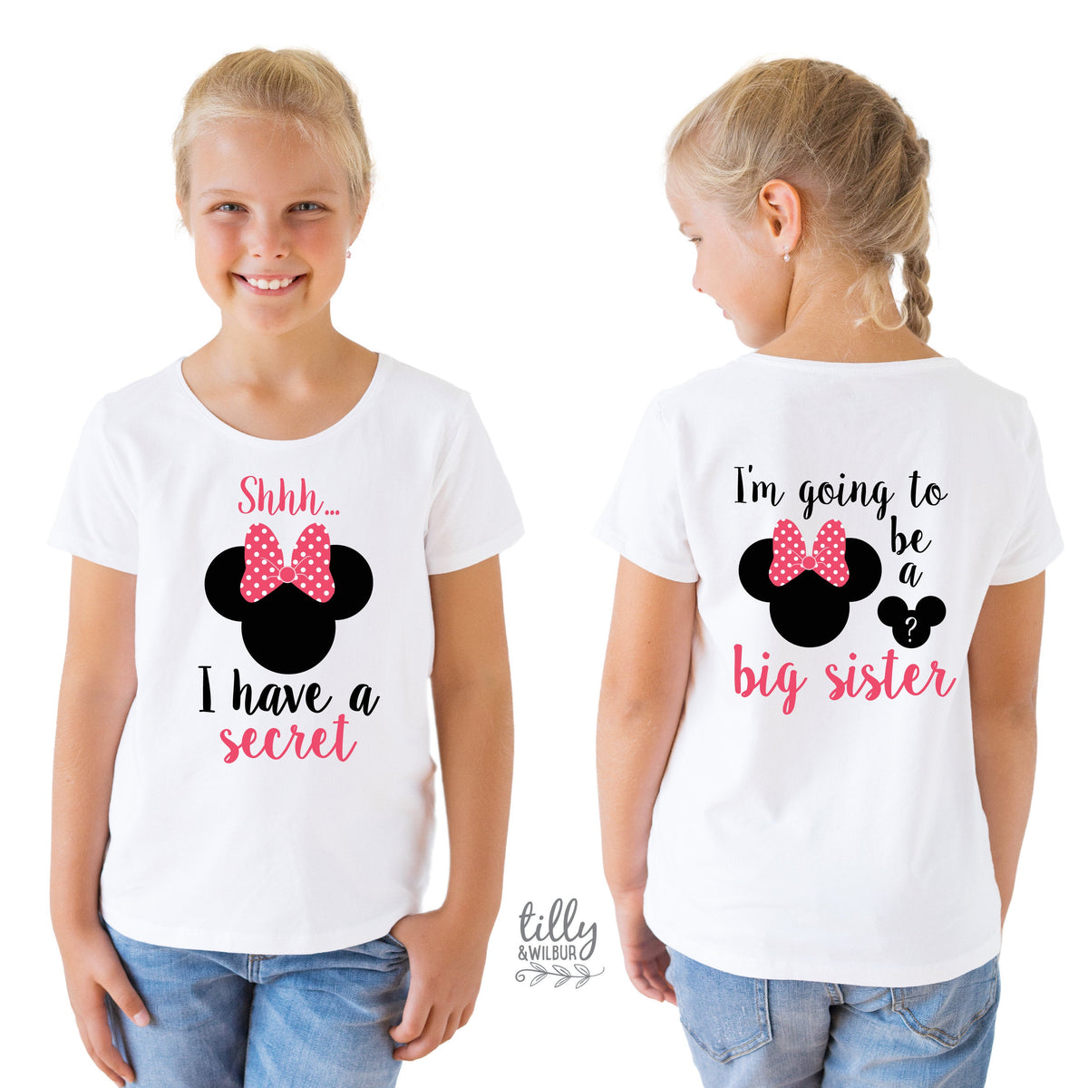 Shhh I Have A Secret I'm Going To Be A Big Sister T-Shirt for Girls, Minnie Mouse Design, Big Sister Shirt, Pregnancy Announcement, Big Sis