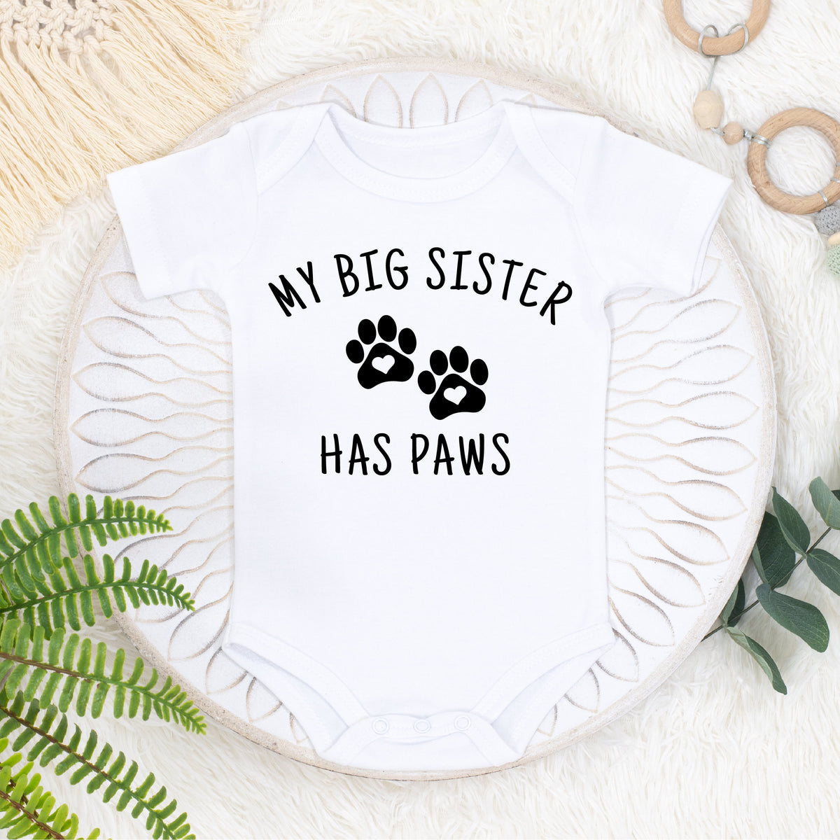 An original design and quality print from Australia's #1 Etsy seller for Expressive Wear - My Big Sister Has Paws Baby Bodysuit