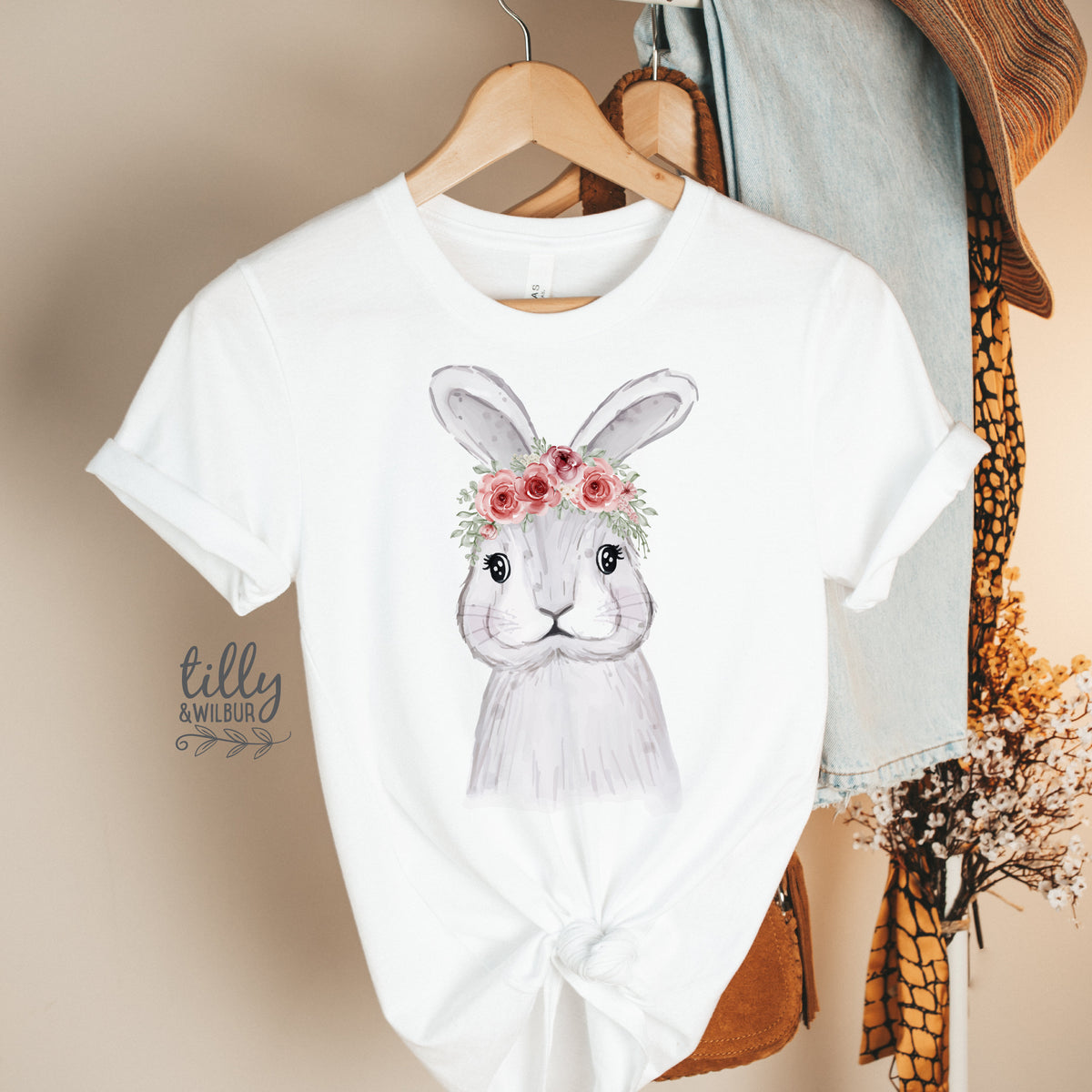 Easter T-Shirt For Women, Floral Watercolour Bunny Rabbit Print, Easter Bunny Shirt, Easter Egg Hunt, Easter Gift, Women's Easter T-Shirt