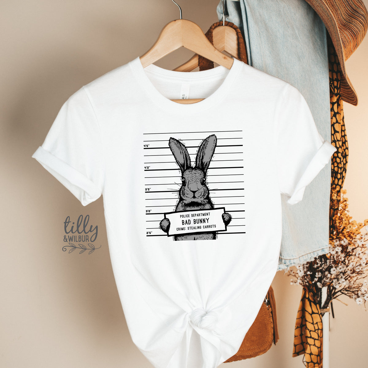 Bad Bunny Mug Shot, Crime: Stealing Carrots! Easter T-Shirt, Rabbit T-Shirt, Funny Easter Gift, Hip Hop Easter Clothing, Bad Bunny T-Shirt